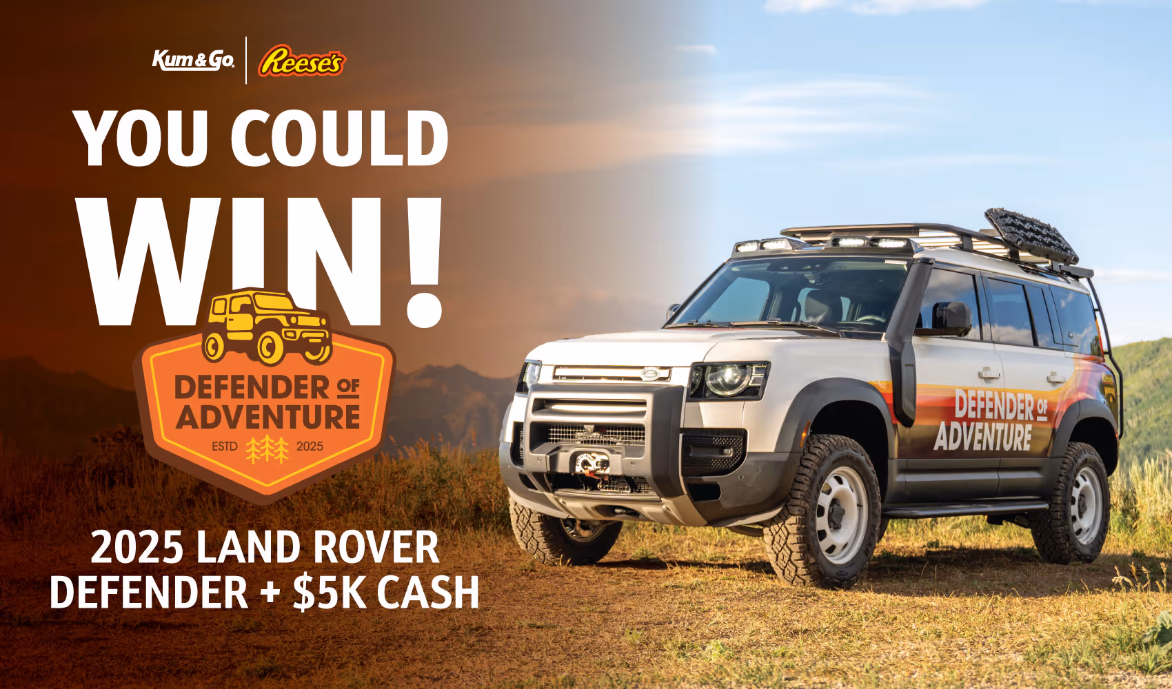 Defender of Adventure Sweepstakes. Enter for a chance to win! 2025 Land Rover Defender + $5,000 Cash
